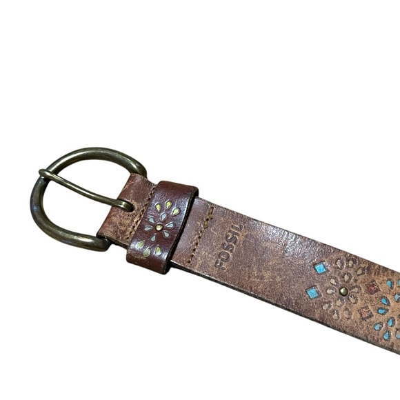 Fossil Womens Size Large Belt Tooled Leather Western Boho Brown 43” - Picture 10 of 10